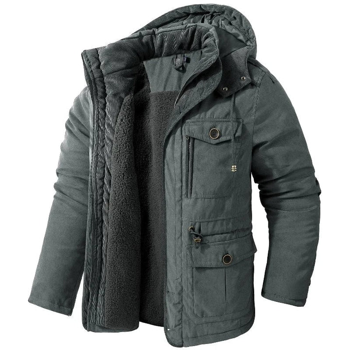 Summit Winter Jacket in gray showing thermal-lined interior detail and secure pockets