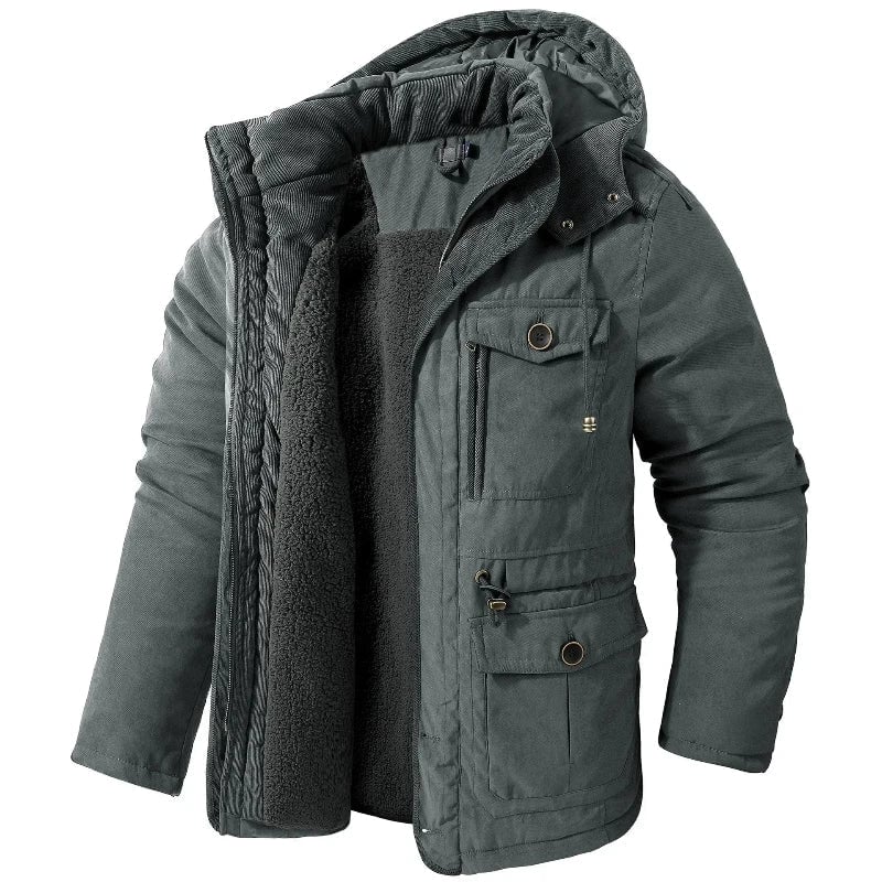 Summit Winter Jacket in gray showing thermal-lined interior detail and secure pockets
