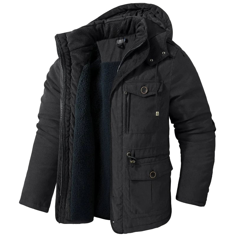 Summit Winter Jacket in black, full-length back view showing hood and clean silhouette