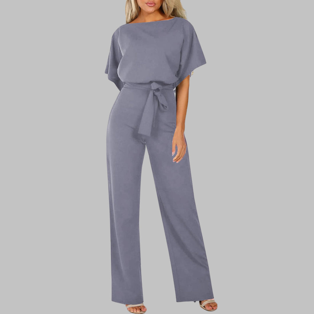 Detail shot of the batwing sleeve and crewneck neckline on the Sunny wide-leg jumpsuit