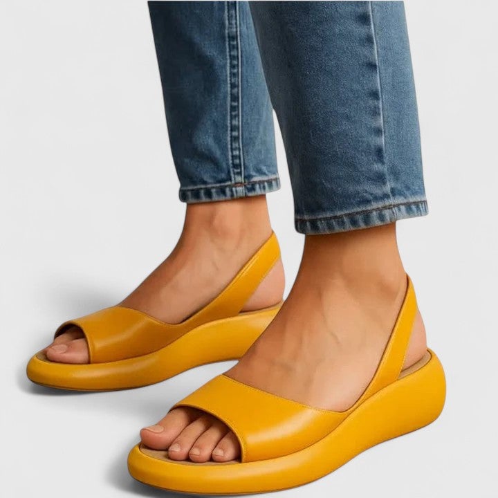 Sunny open toe platform wedge slingback sandal in yellow, front view