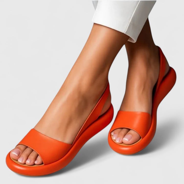Sunny platform sandal in yellow, rear view showing elasticated slingback strap