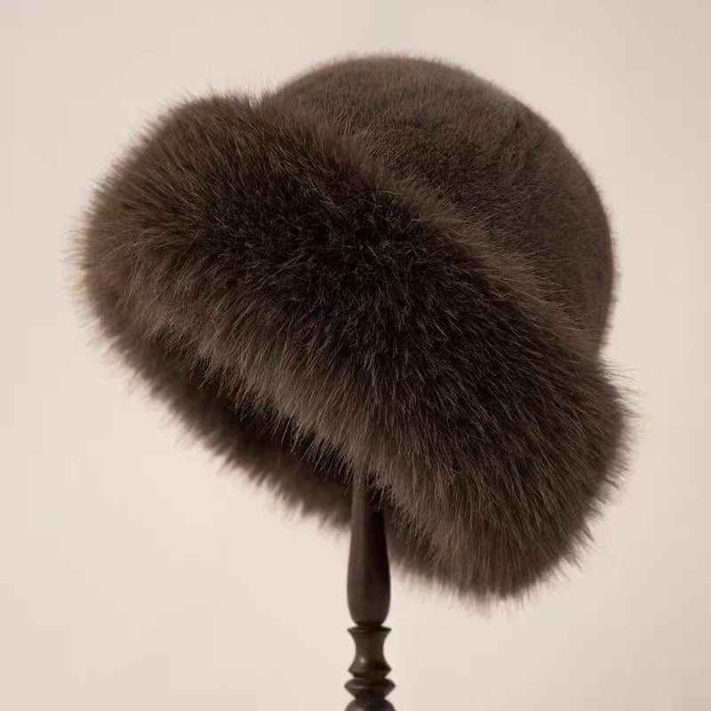 Overhead flat-lay of a fluffy winter hat showing color and texture detail