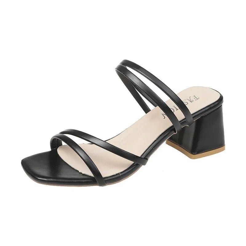 Swift women's block heel sandals in black with delicate straps and cushioned insole