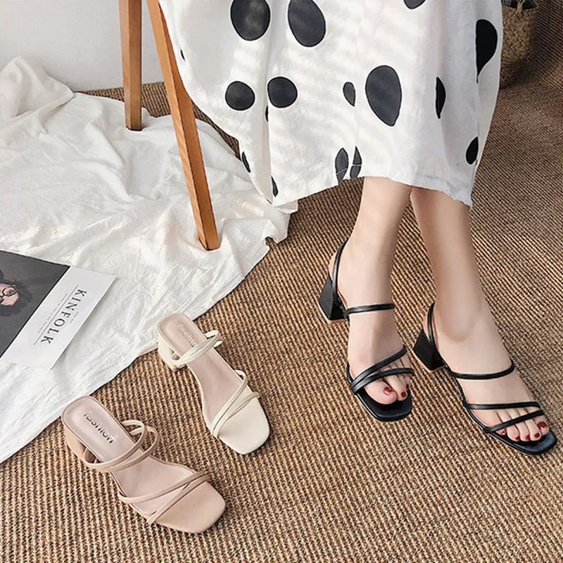 Swift women's block heel sandals in beige styled with a flowy dress
