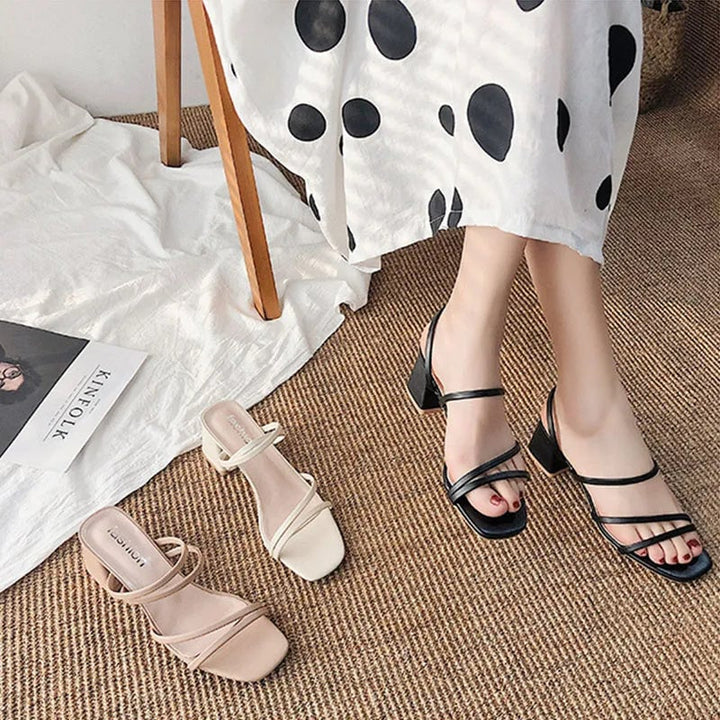 Swift women's block heel sandals in beige styled with a flowy dress