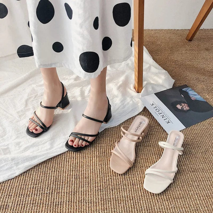 Swift block heel sandals in all three colors: black, pink, and beige displayed together