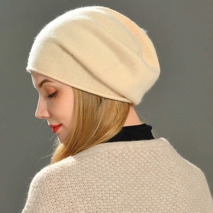 Sylvaine beanie in gray shown from the front on a model