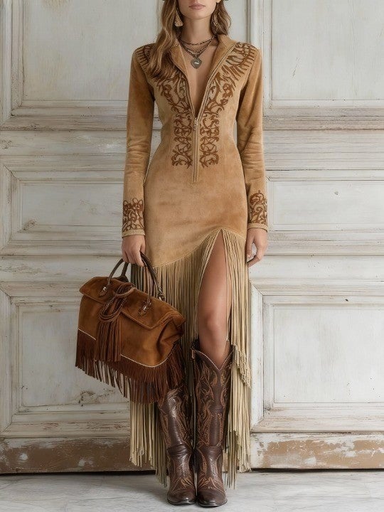 Front view of a light brown suede fringe maxi dress showing dynamic fringe detailing at the hem and sleeves