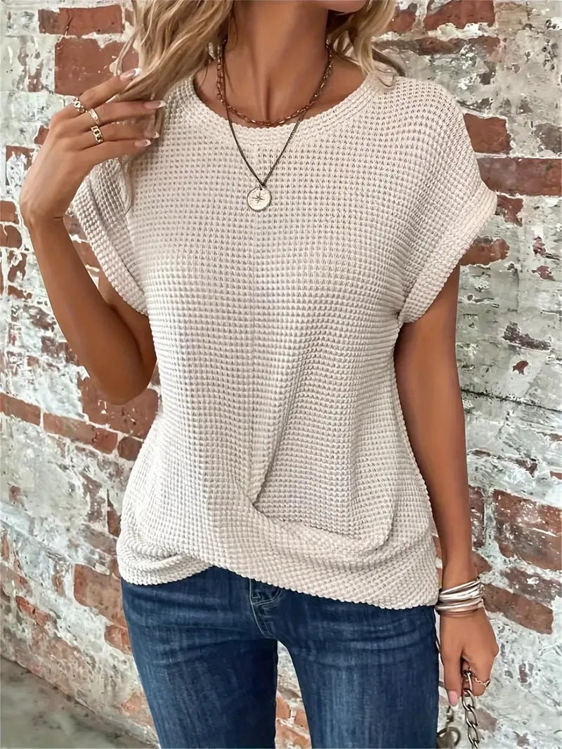 Front view of waffle knit casual tee in wine red showing flattering twist detail