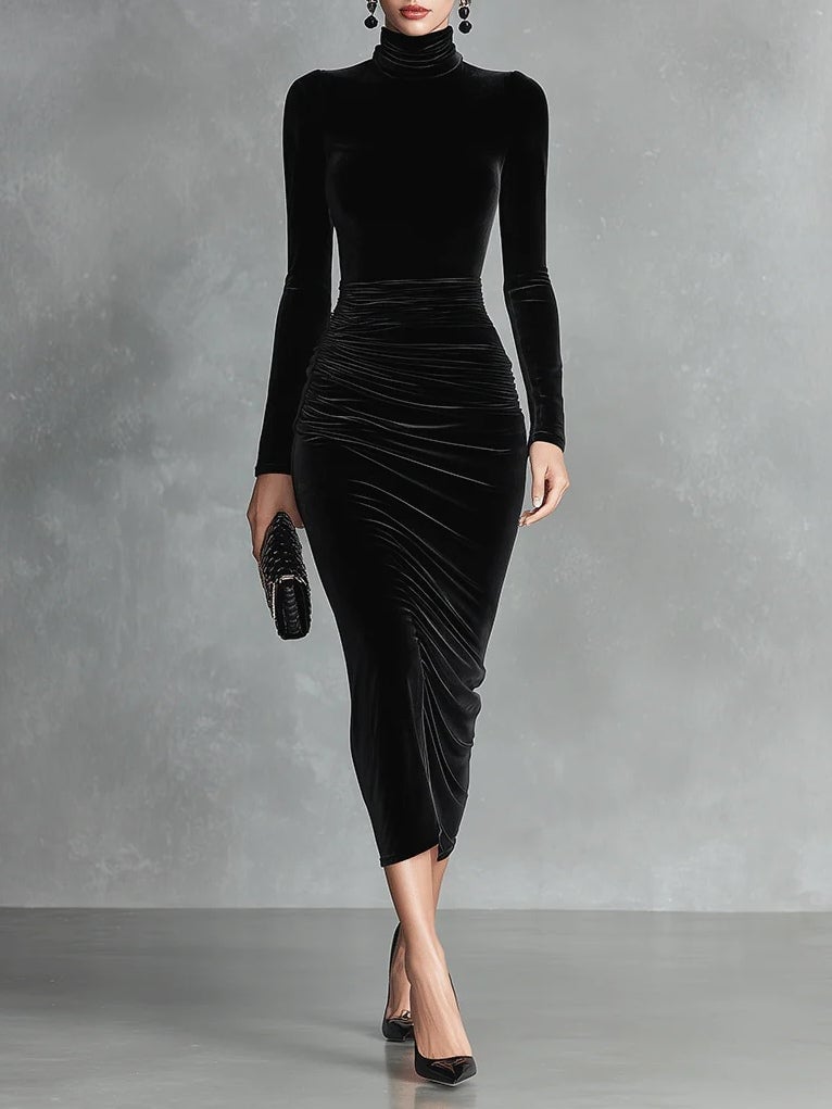 Woman wearing a black high-neck bodycon dress with a sleek, figure-hugging silhouette, front view