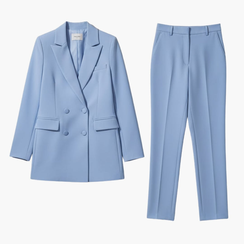 Women's double breasted blazer suit set in light blue with straight leg pants, front view