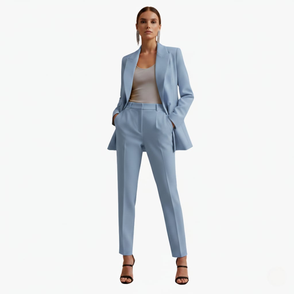 Women's double breasted blazer suit set in light blue, side profile showing high-waist pants