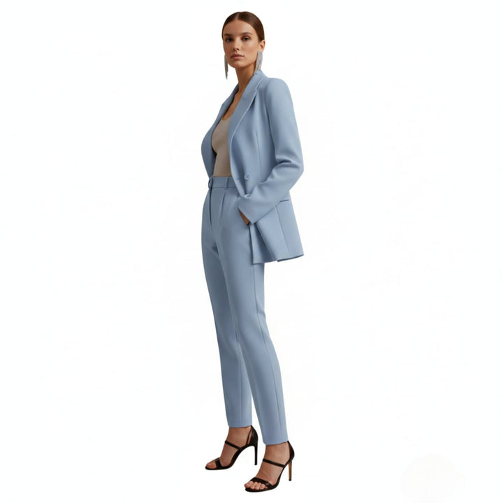 Women's blazer suit set in apricot, front view showing coordinated two-piece styling