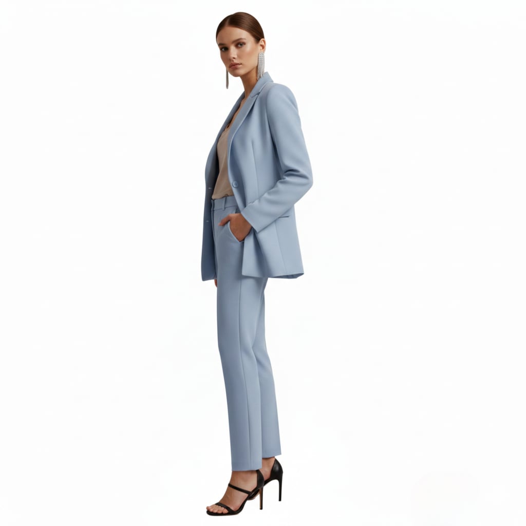 Apricot double breasted blazer suit set side view highlighting straight leg silhouette