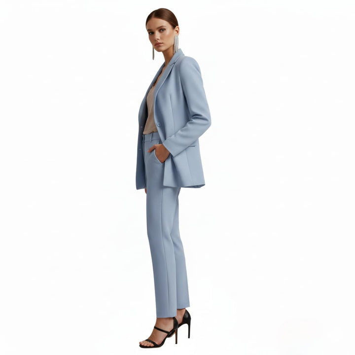 Apricot double breasted blazer suit set side view highlighting straight leg silhouette