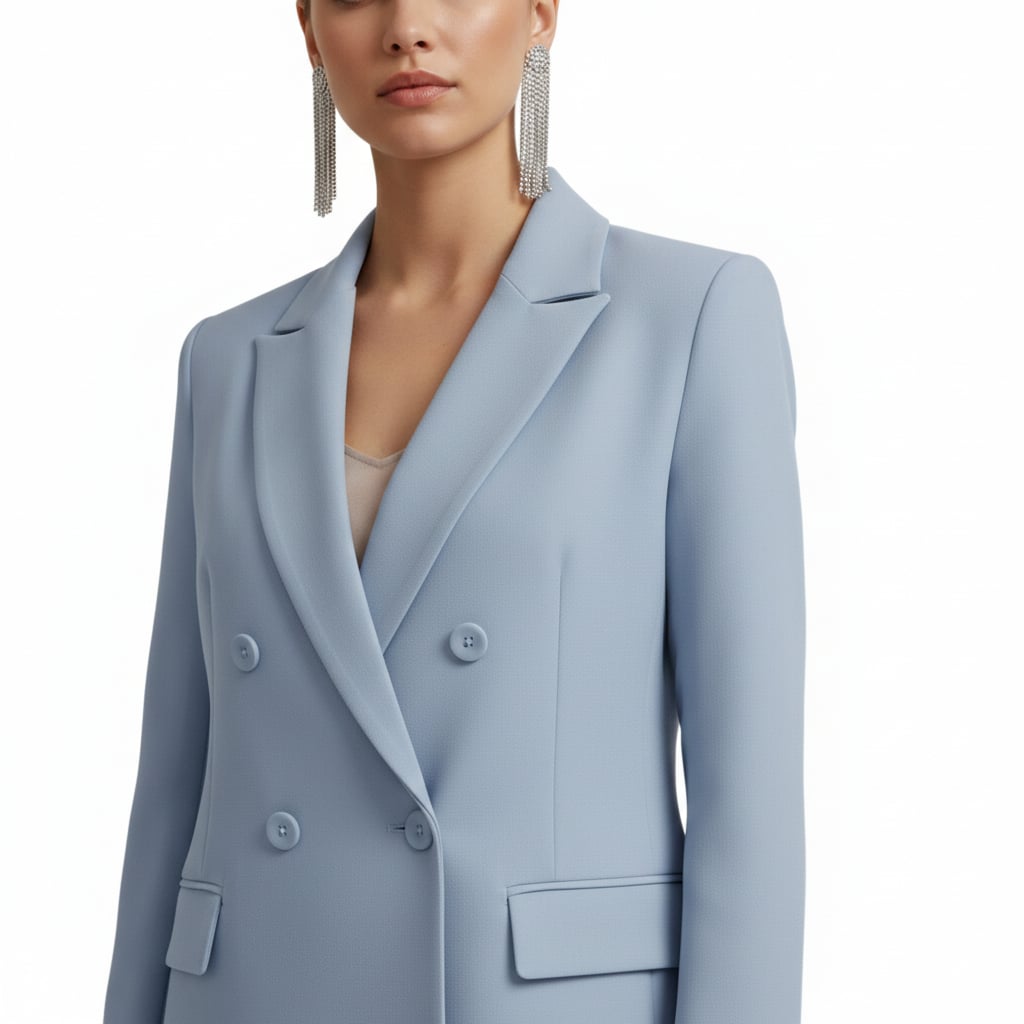 Women's double breasted suit set in black, polished front-facing full-length view