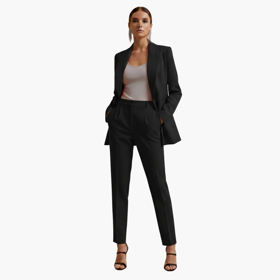 Women's double breasted blazer suit set in red, full-length front view