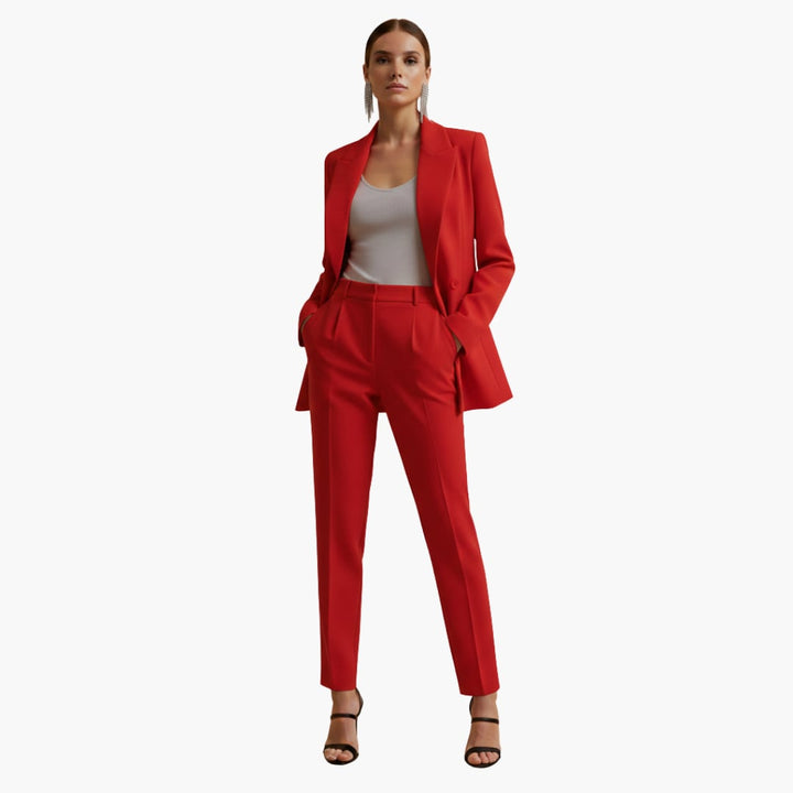 Red two-piece blazer suit set side view with straight leg trousers
