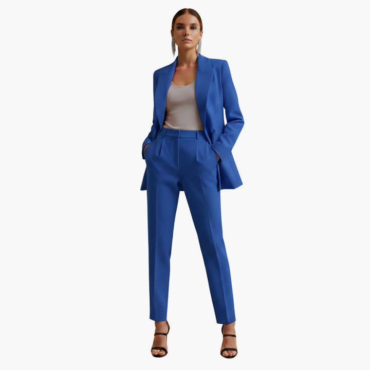Women's double breasted suit set in classic blue, front view