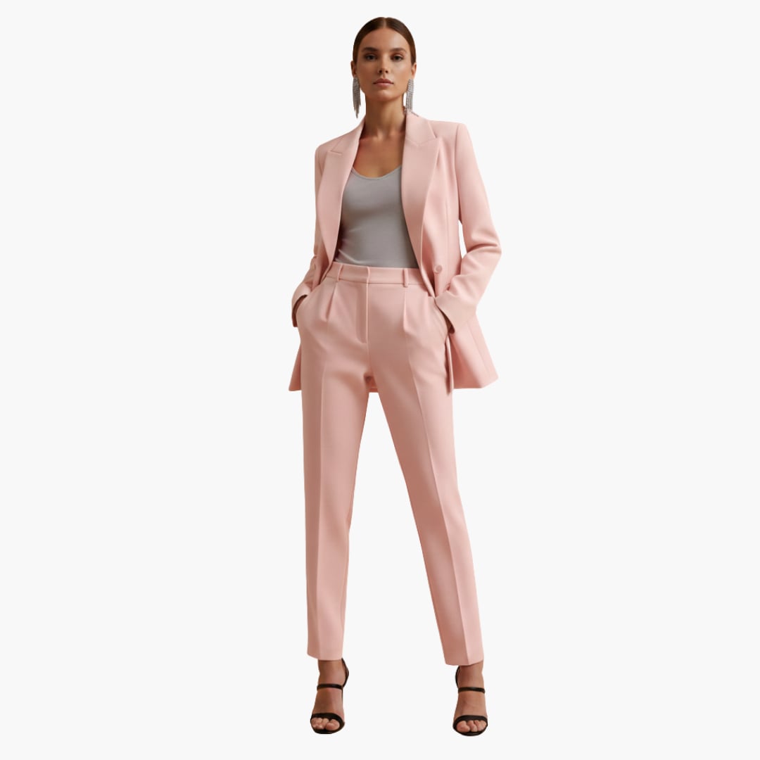 Blue blazer suit set styled with heels, full-length view