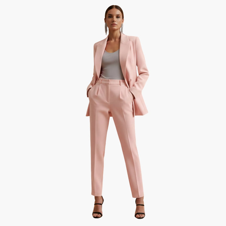 Blue blazer suit set styled with heels, full-length view