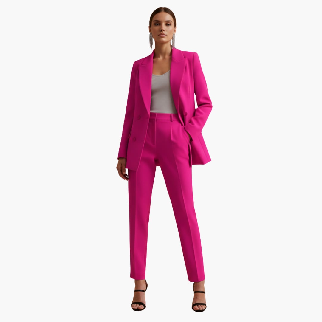Women's double breasted blazer suit set in pink, front-facing full-length shot