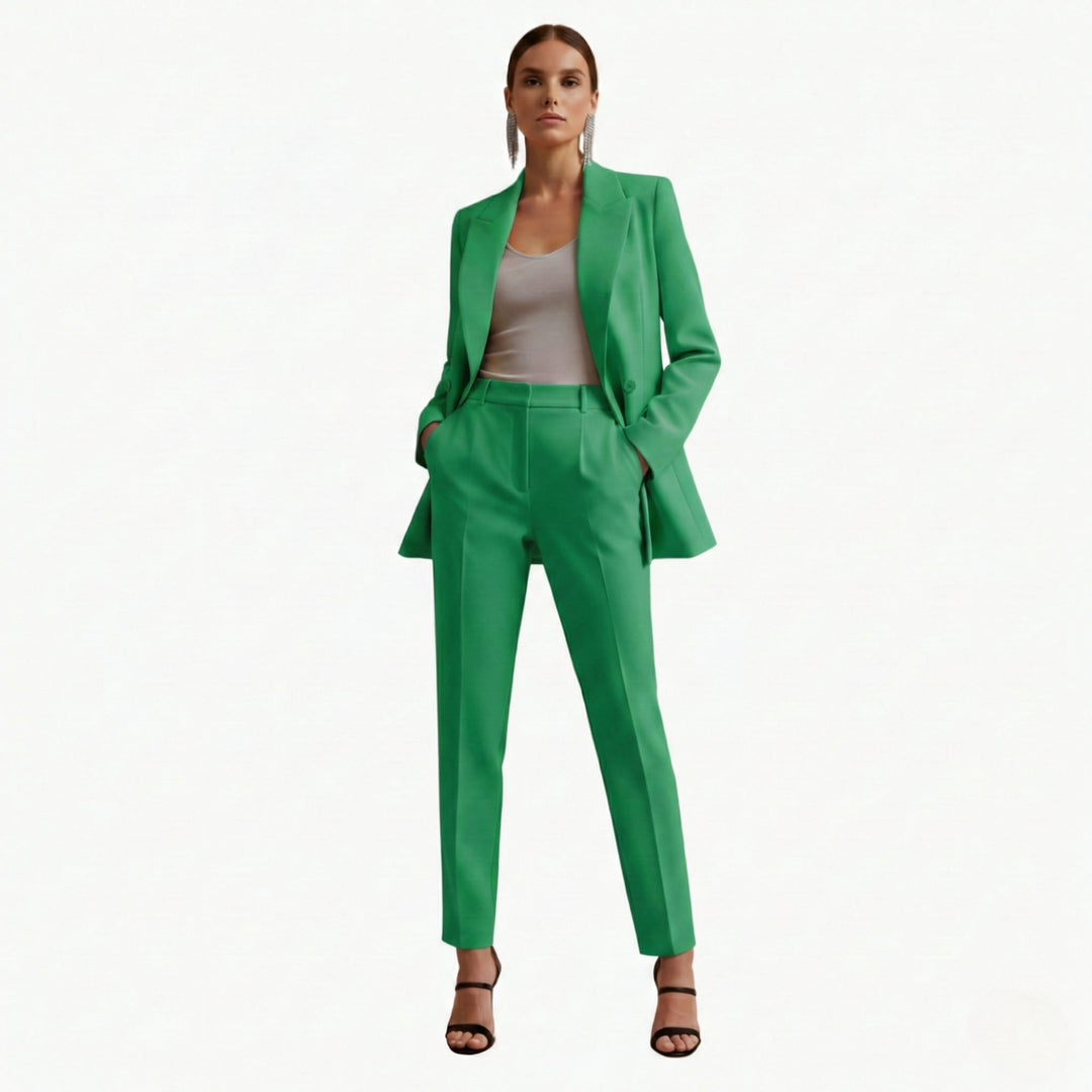 Green double breasted women's blazer suit set, full-length front view