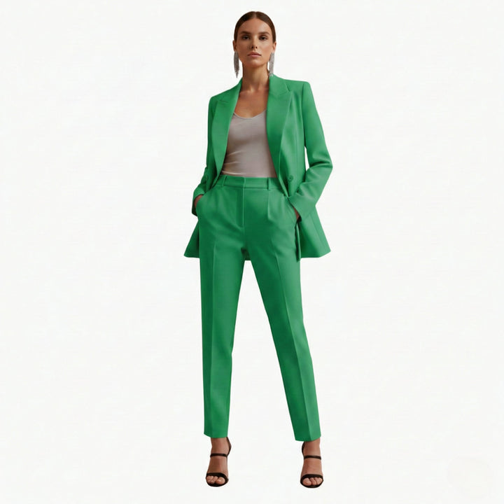 Green double breasted women's blazer suit set, full-length front view