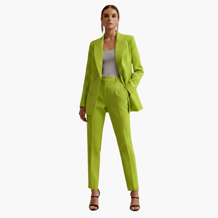 Women's double breasted blazer suit set in dark pink, front view