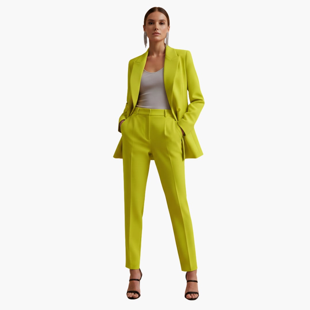 Flat lay of women's double breasted blazer suit set showing both pieces coordinated