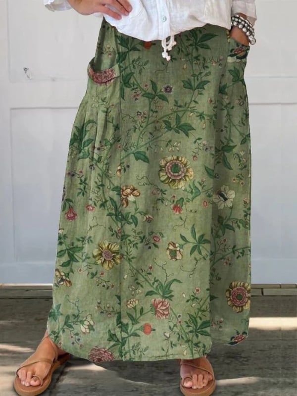 Green retro art print A-line pocket skirt with elastic waistband, shown in full length