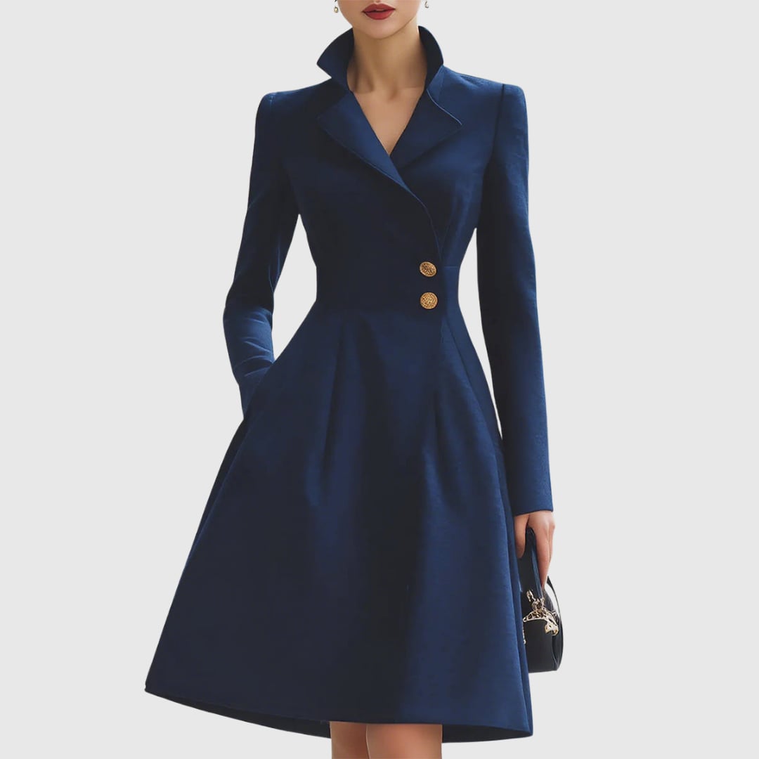 Front view of the Talia navy blue tailored coat dress showing structured silhouette and waist-defining seams
