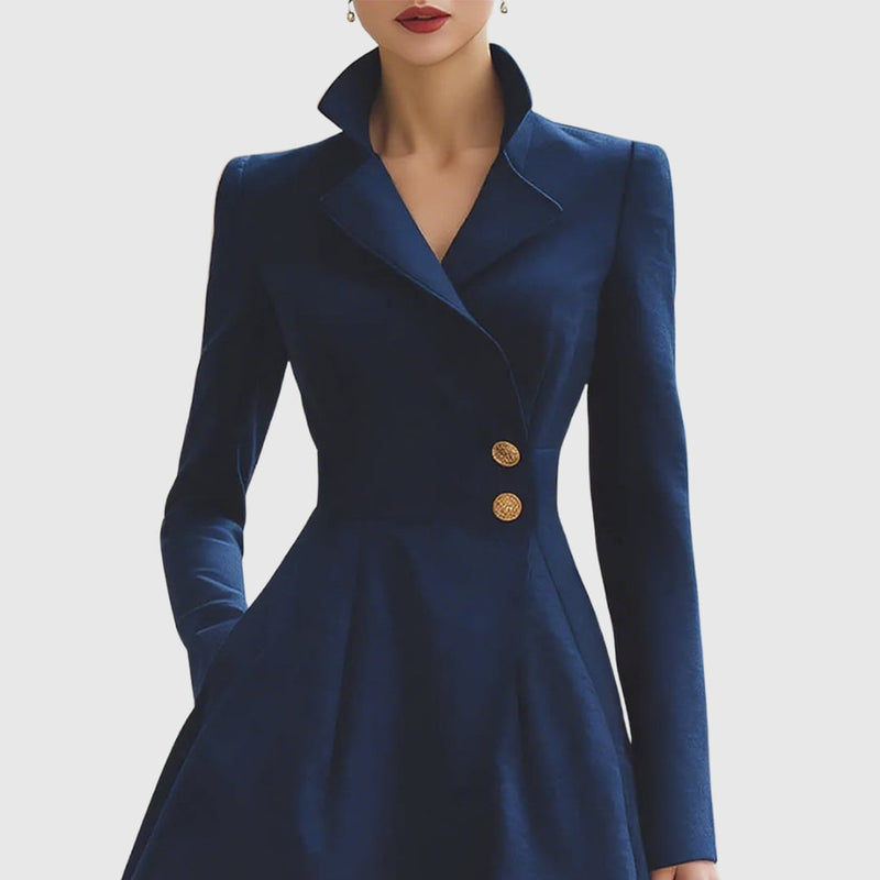 Side profile of the Talia navy blue coat dress worn as a standalone dress, showcasing the sculpted fit
