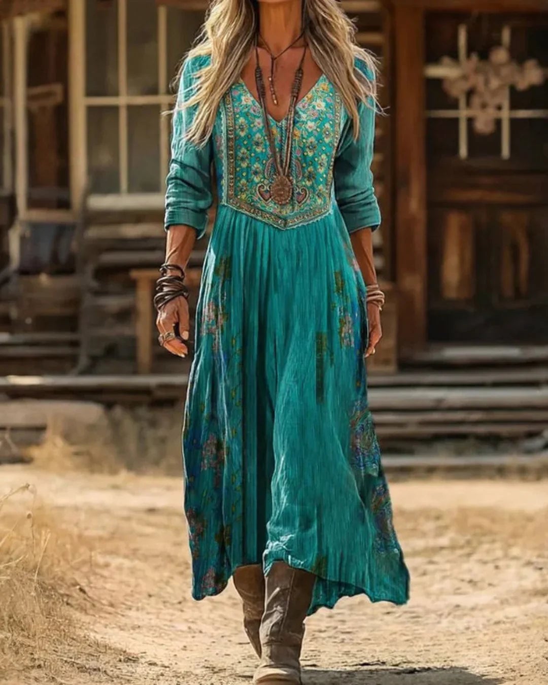 Woman wearing a teal embroidered V-neck maxi dress with long sleeves and a flowing skirt, front view