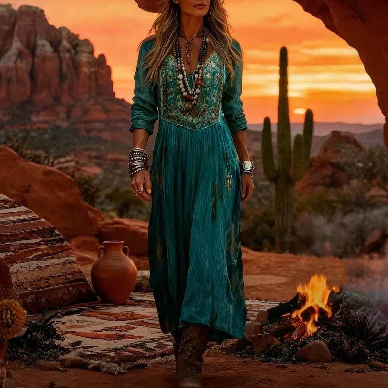 Full-length lifestyle shot of a woman wearing a teal floral embroidered maxi dress outdoors