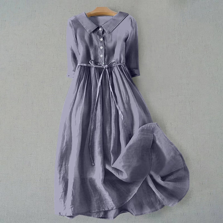 Tammie casual dress in lavender gray draped softly to show fabric texture and flow