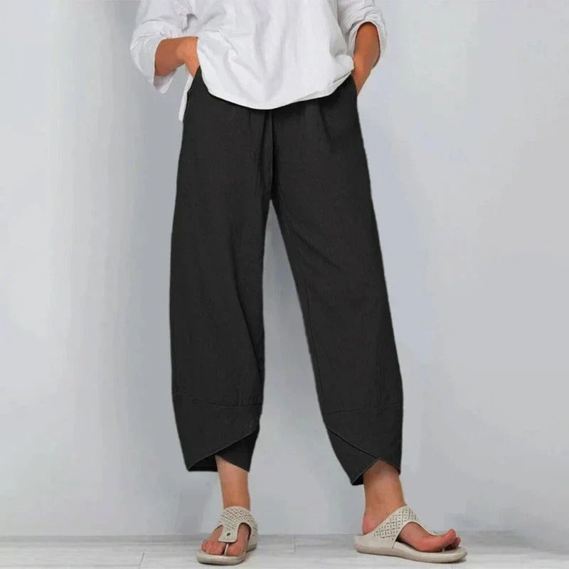 Side profile view of women's lightweight summer pants showing silhouette and fit