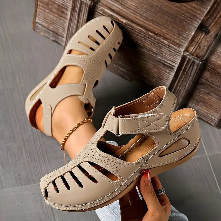 Close-up of Tatum women's sandals in tan showing strap detail and padded footbed
