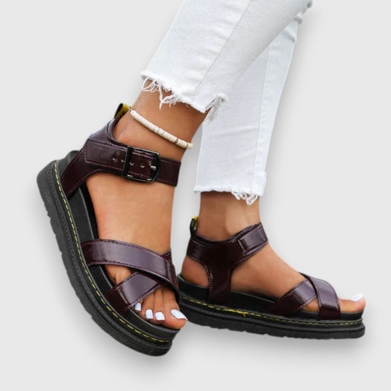 Women's adjustable comfort sandals in brown styled with a casual summer outfit, lifestyle view