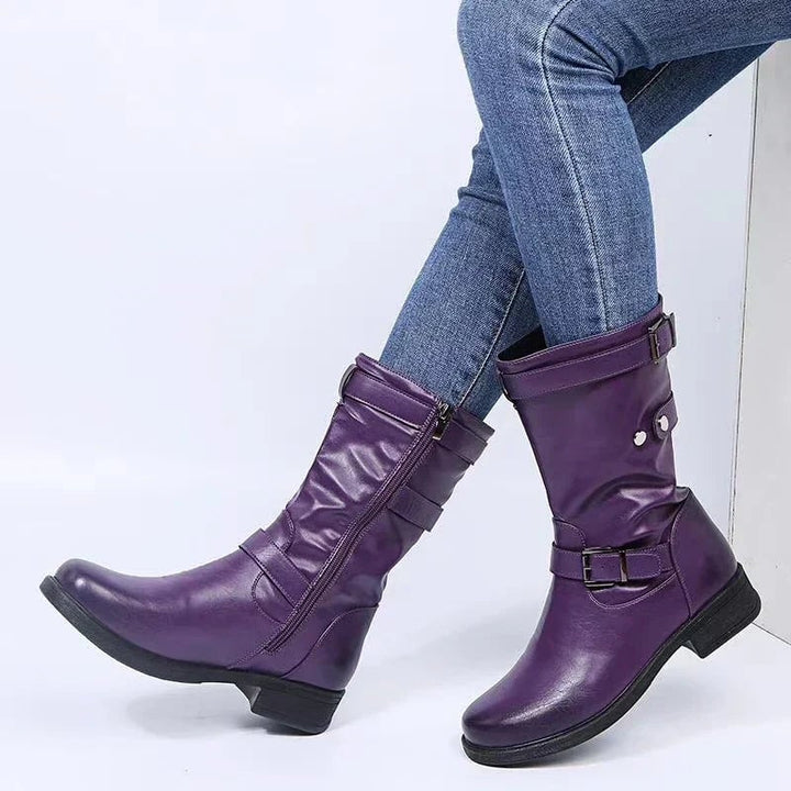 Florimay orthopedic ankle boots styled with jeans showing leg-lengthening ankle-height cut