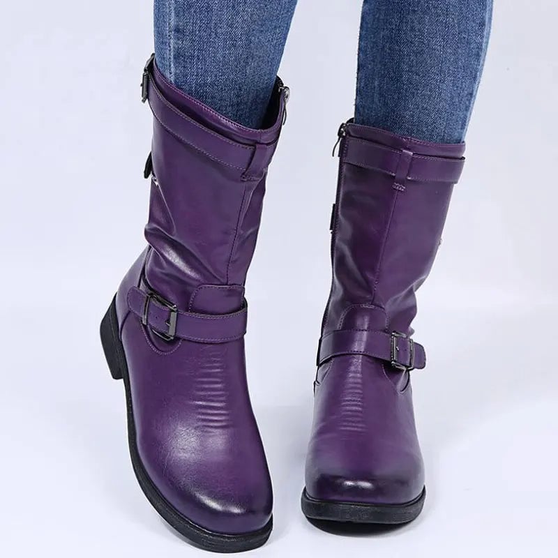 Purple supportive orthopedic ankle boots shown from above on neutral background