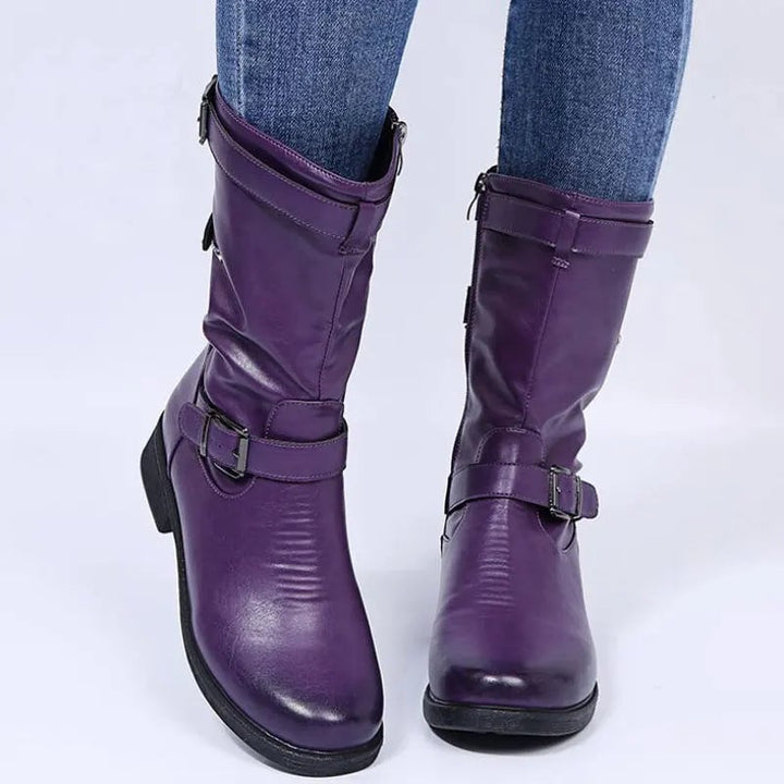 Purple supportive orthopedic ankle boots shown from above on neutral background