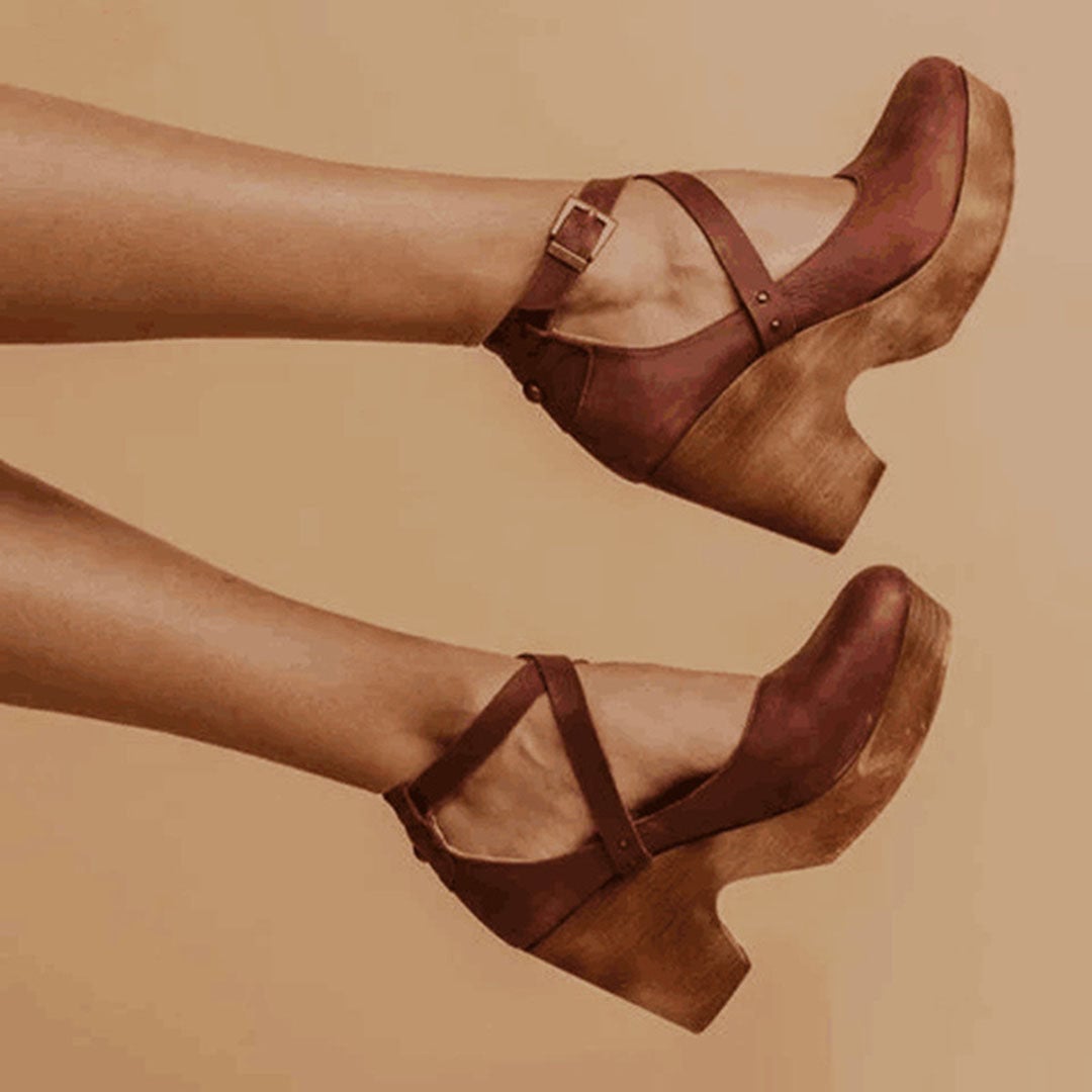 Teresa wedge heels in brown showing closed toe and ankle strap detail