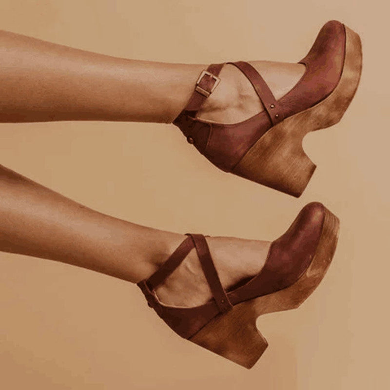 Teresa wedge heels in brown showing closed toe and ankle strap detail