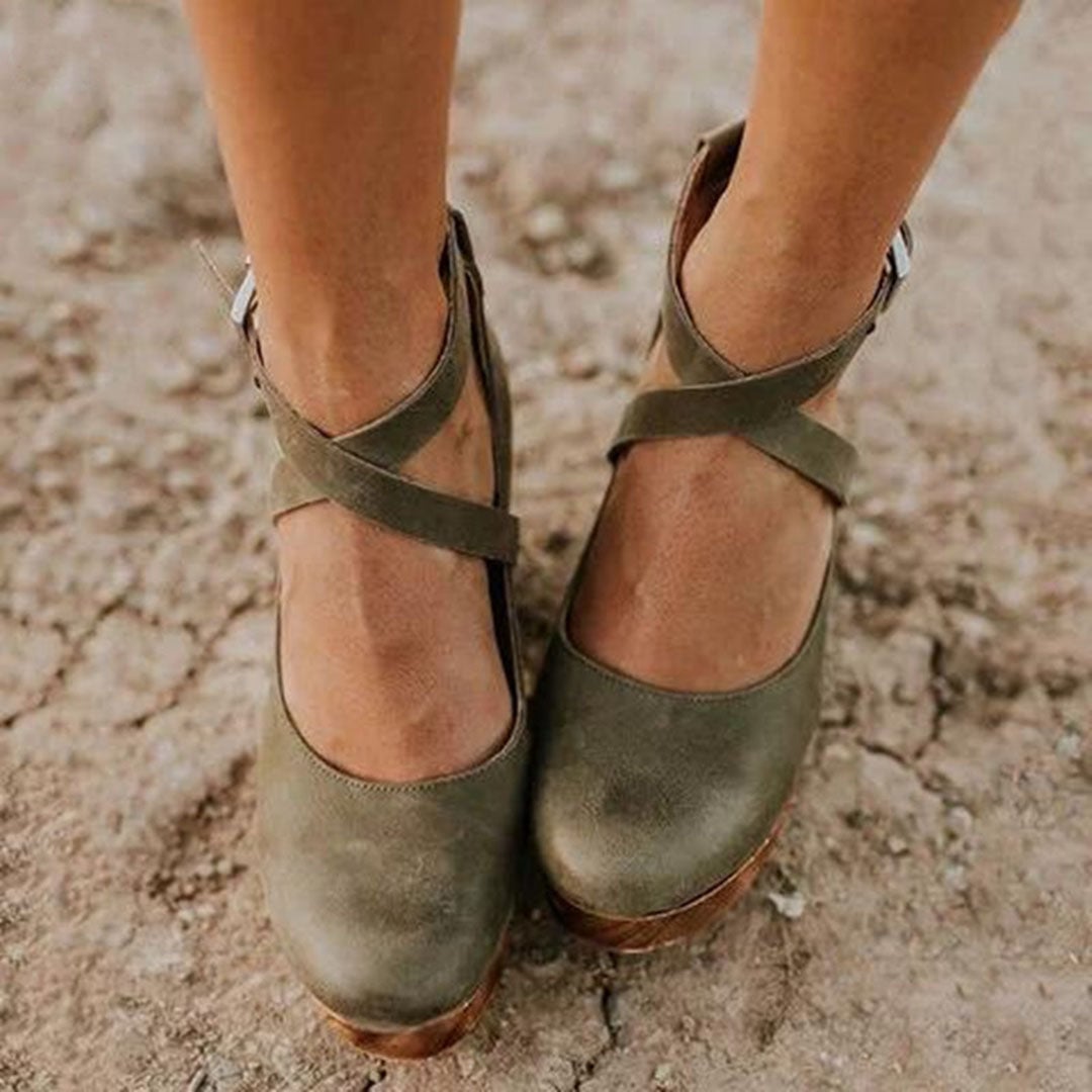 Teresa closed-toe wedge heels styled with casual outfit, lifestyle shot
