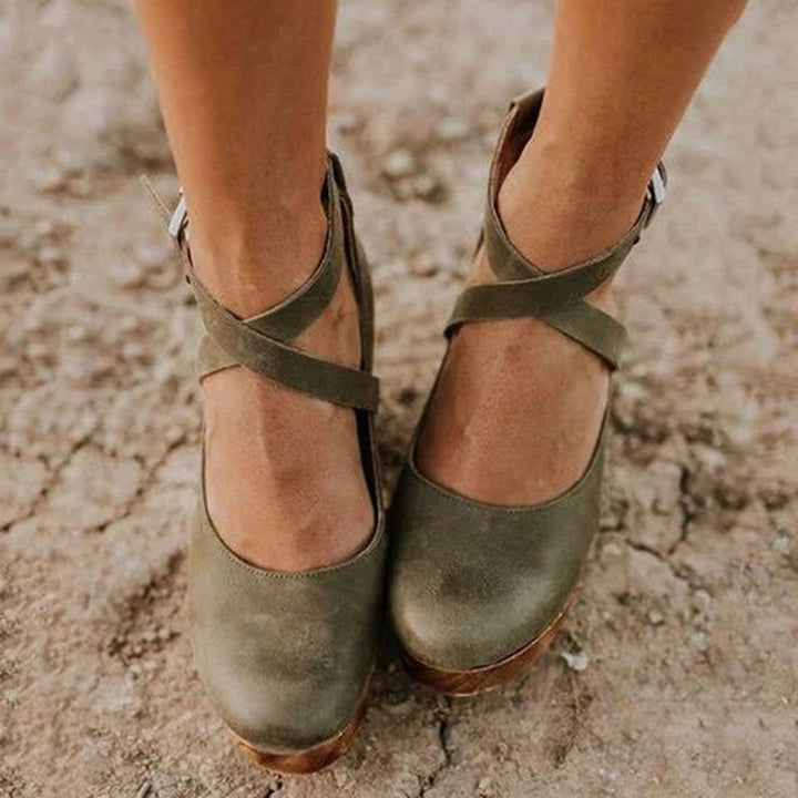 Teresa closed-toe wedge heels styled with casual outfit, lifestyle shot