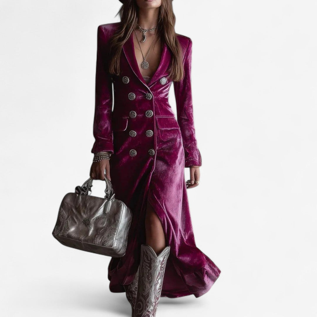 Woman wearing a vibrant magenta elegant midi dress with a flattering feminine silhouette, front view