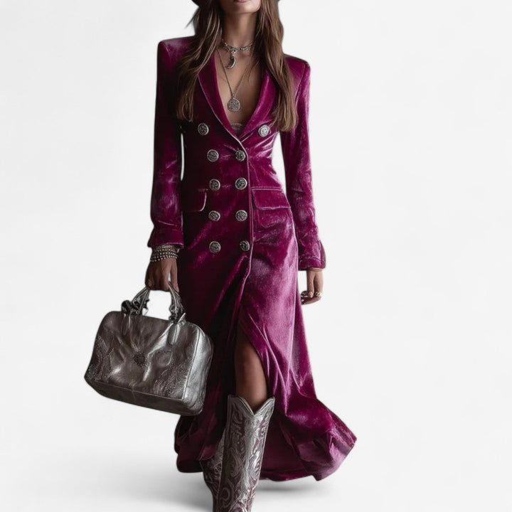 Woman wearing a vibrant magenta elegant midi dress with a flattering feminine silhouette, front view
