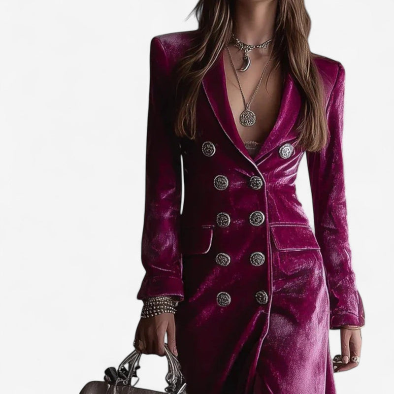 Side view of the magenta elegant midi dress highlighting the figure-skimming silhouette and flowing design